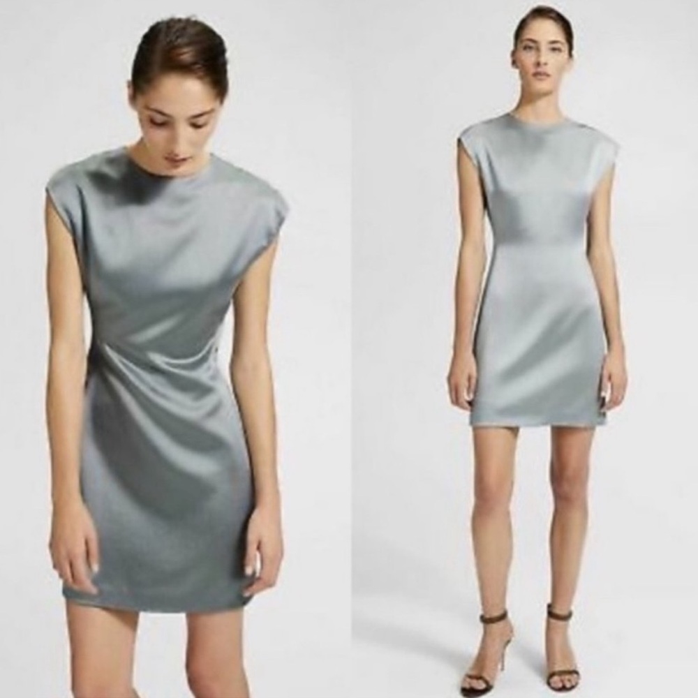 Theory Hammered Satin Structured Mini Dress in Grey Cloud NWT $395 US 6